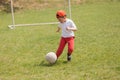 Little boy kicking ball in the park. playing soccer football in the park. Sports for exercise and activity. Royalty Free Stock Photo