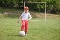 Little boy kicking ball in the park. playing soccer football in the park. Sports for exercise and activity Royalty Free Stock Photo