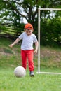 Little boy kicking ball in the park. playing soccer (football) in the park. Sports for exercise and activity Royalty Free Stock Photo