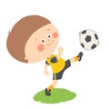 Little boy kicking a soccer ball on green field isolated. Cartoon vector hand drawn illustration isolated on white