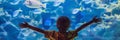 Little boy, kid watching the shoal of fish swimming in oceanarium, children enjoying underwater life in Aquarium BANNER Royalty Free Stock Photo