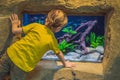 Little boy, kid watching the shoal of fish swimming in oceanarium, children enjoying underwater life in Aquarium Royalty Free Stock Photo