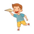 Little Boy in Kindergarden Running and Playing with Toy Paper Plane Vector Illustration Royalty Free Stock Photo