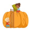 Little Boy with Ladder Climbing Up Huge Pumpkin to Girl Vector Illustration