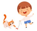 Little Boy Laughing and Playing with His Pet Cat Vector Illustration