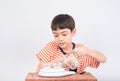 Little boy leaning weight scale mathmatic education in class Royalty Free Stock Photo