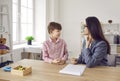 Little boy learning how to correctly articulate sounds with woman speech therapist Royalty Free Stock Photo