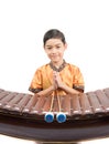 Little boy learning Thai instument Xylophone, Ranat, on white background