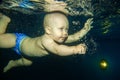 Little boy learning to swim underwater in a swimming pool