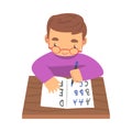 Little Boy Learning to Write, Elementary School Student Writing English Letters while Sitting at Desk Cartoon Vector