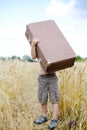 Little boy lifting up big old suitcase in wheat Royalty Free Stock Photo