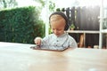 Little boy listening to his selected soundtrack