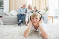 Little boy listening to music on the floor Royalty Free Stock Photo