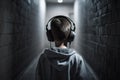 Little boy listening to music with headphones in a dark room with brick wall, A young boy full rear view with headphone listening