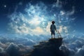 Little boy lives in fantasy dream world with magic, imagination sky