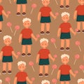 Little boy with lollipop in hand seamless pattern. Vector print in cartoon style Royalty Free Stock Photo