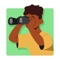 Little Boy Look In Binoculars, Kid Peeking Out Of Green Square Frame. Child Look From The Hole, Preteen Character