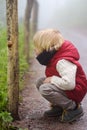 Little boy looking on big snail during hike in forest. Preschooler child explore nature. Developing outdoors activity for kids Royalty Free Stock Photo