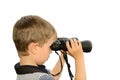 Little boy looking through binoculars at sea. side view, isolate Royalty Free Stock Photo