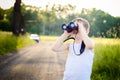 Little boy looking through binoculars Royalty Free Stock Photo