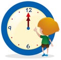 Little boy looking at blue clock Royalty Free Stock Photo