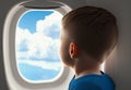 Little boy looking at the clouds airplane window generative AI illustration Royalty Free Stock Photo
