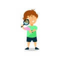 Little boy looking through magnifying glass vector Illustration on a white background