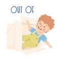 Little Boy Looking Out of Cardboard Box as Preposition Demonstration Vector Illustration