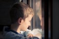 Little Boy looking out the window at the sunrise in Autumn day. Royalty Free Stock Photo