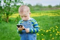 Little boy looking at a smartphone on a meadow Royalty Free Stock Photo