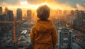 Little boy is looking at the sunset over the city Royalty Free Stock Photo