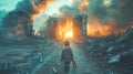 A little boy looks from behind at the destroyed houses of his city against the background of the rising sun. A new day is coming