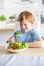 The little boy looks with distaste at the broccoli on his fork