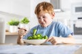 The little boy looks with distaste at the broccoli on his fork