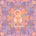 Little boy in the lotus position on the mat for yoga. Vector pastel color illustration on the mandala background. Royalty Free Stock Photo