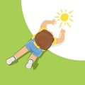 Little boy lying on floor and drawing sun using pencil, top view of child on the floor Royalty Free Stock Photo