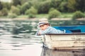 Little boy lying in the old boat on a pond at the summer evening Royalty Free Stock Photo