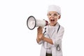 Little boy in medical uniform isolated on white. Royalty Free Stock Photo