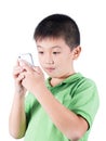 Little boy with mobile phone isolated on white background Royalty Free Stock Photo