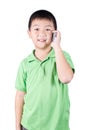 Little boy with mobile phone isolated on white background Royalty Free Stock Photo