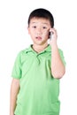 Little boy with mobile phone isolated on white background Royalty Free Stock Photo