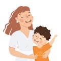 Little Boy and Mom Hugging Feel Happy Vector Illustration