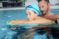 Little boy with monitor learning how to swim Royalty Free Stock Photo