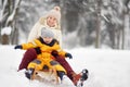 Little boy and mother/grandmother/nanny sliding in the Park during a snowfall Royalty Free Stock Photo