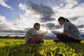 Little boy with mother praying and reading bible in the morning on the mountain with Christian concept copy space Royalty Free Stock Photo