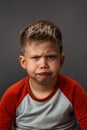 Little boy is naughty and grimaces with displeasure. Disgruntled child shows his emotions. Studio portrait on gray Royalty Free Stock Photo