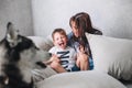 Little boy nickering and playing with mom and dog at home Royalty Free Stock Photo