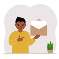 A little boy with an open envelope with a letter. Empty sheet of paper for text template. Mail concept. Sending a