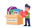 Little Boy Orphan Character with Huge Heart in Hands Stand at Donation Box with School Stuff, Books and Stationery Royalty Free Stock Photo