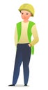 Little boy in overalls. Teen Handyman, locksmith or repairman. Cheerful person. Standing pose. Cartoon comic style flat